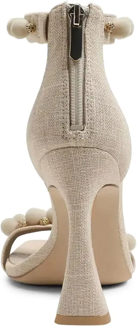 FSJ Women Cute Hair Ball Ankle Strap Sandals Open Toe Chunky High Heels Back Zip Daily Party Dress Shoes Size 4-15 US