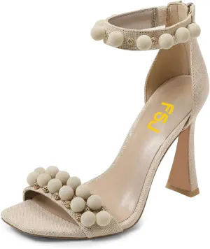 FSJ Women Cute Hair Ball Ankle Strap Sandals Open Toe Chunky High Heels Back Zip Daily Party Dress Shoes Size 4-15 US