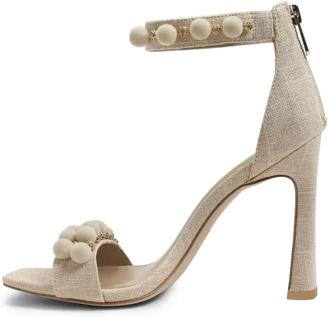 FSJ Women Cute Hair Ball Ankle Strap Sandals Open Toe Chunky High Heels Back Zip Daily Party Dress Shoes Size 4-15 US