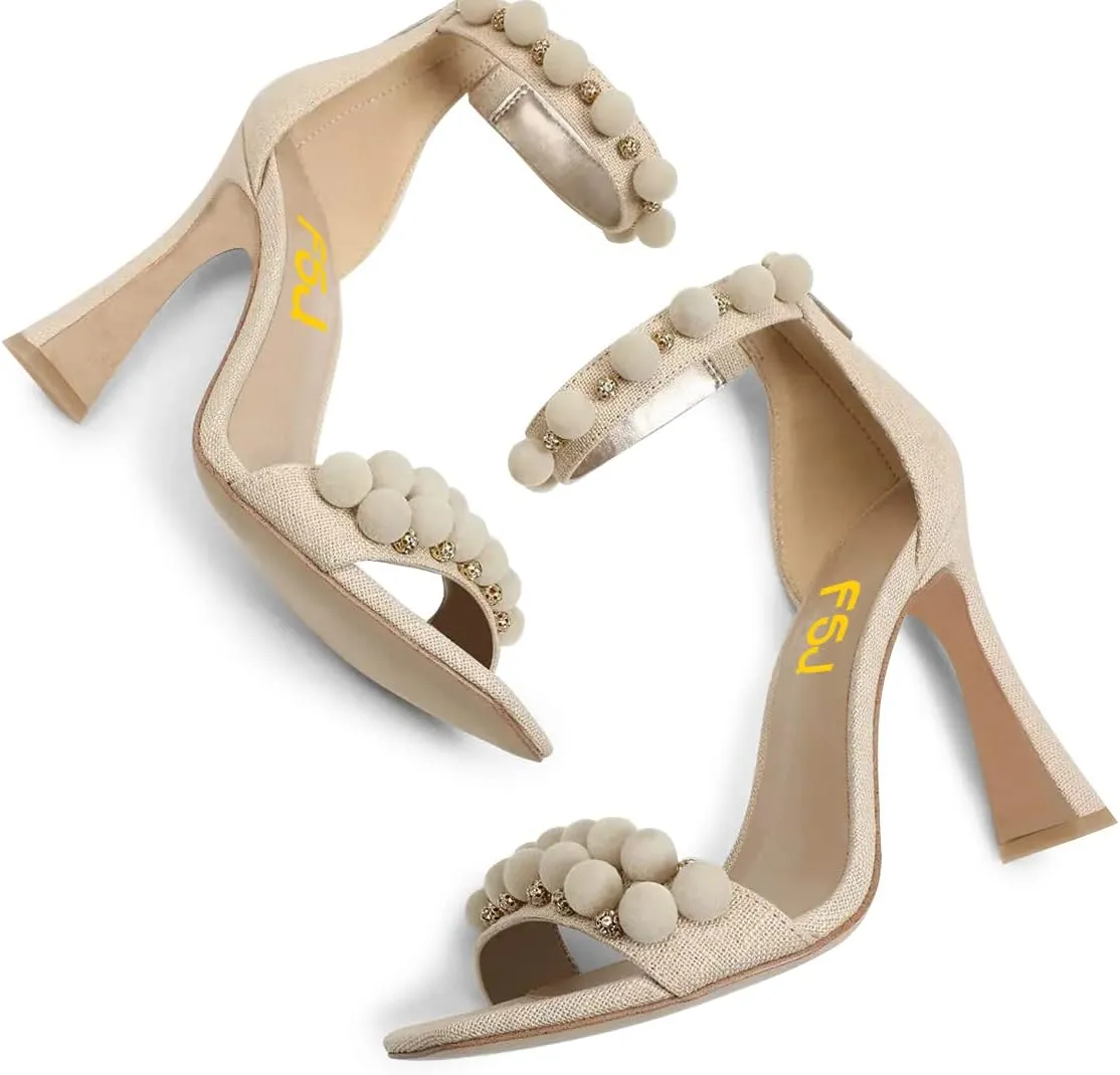 FSJ Women Cute Hair Ball Ankle Strap Sandals Open Toe Chunky High Heels Back Zip Daily Party Dress Shoes Size 4-15 US