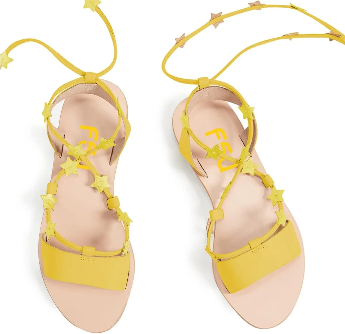FSJ Women Lace-up Flat Sandals Tie up Open Toe Cute Star Strappy Ankle Wrap Slingback CrissCross Casual Dress Summer Shoes Size 4-15 US