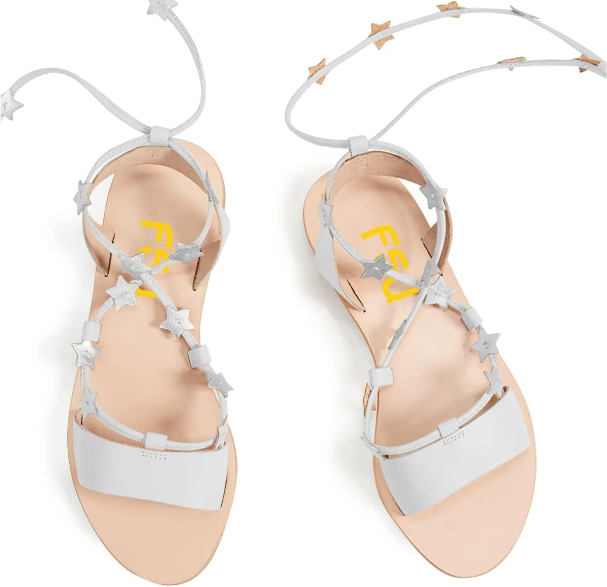 FSJ Women Lace-up Flat Sandals Tie up Open Toe Cute Star Strappy Ankle Wrap Slingback CrissCross Casual Dress Summer Shoes Size 4-15 US