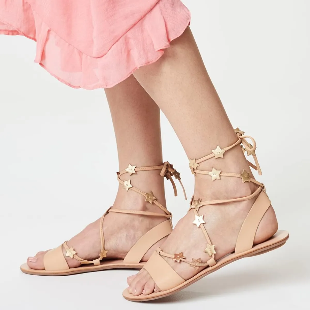 FSJ Women Lace-up Flat Sandals Tie up Open Toe Cute Star Strappy Ankle Wrap Slingback CrissCross Casual Dress Summer Shoes Size 4-15 US