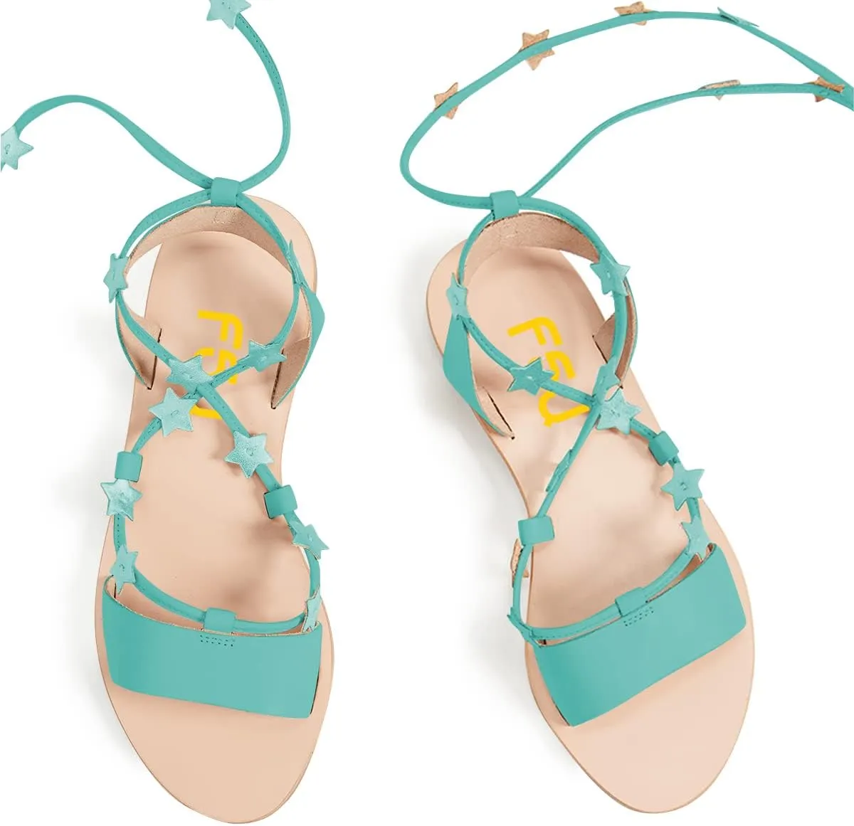 FSJ Women Lace-up Flat Sandals Tie up Open Toe Cute Star Strappy Ankle Wrap Slingback CrissCross Casual Dress Summer Shoes Size 4-15 US