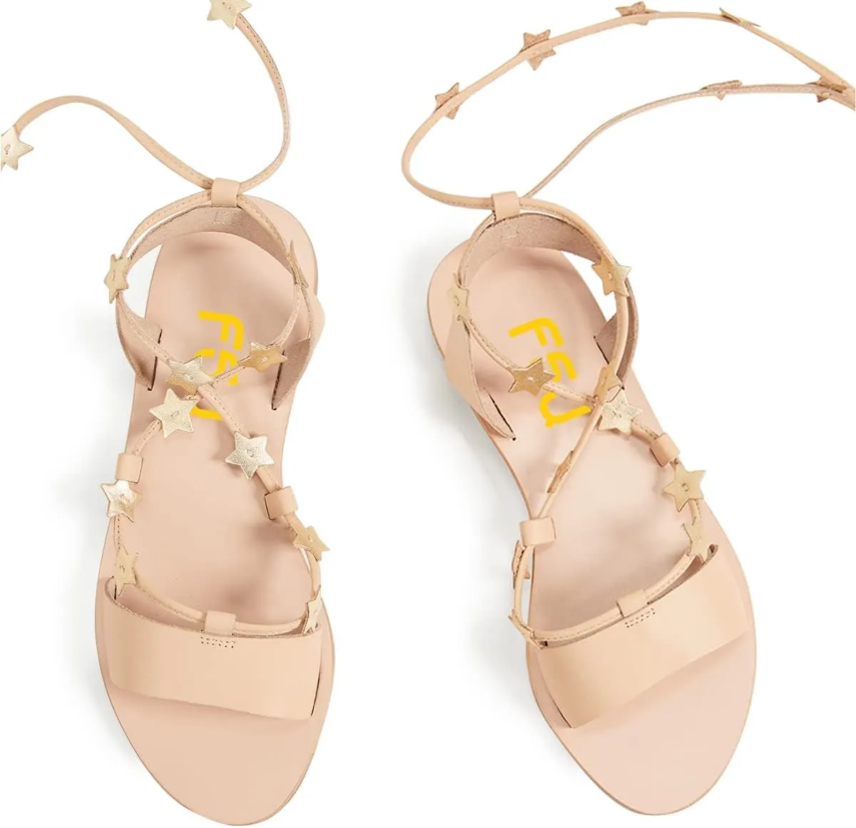 FSJ Women Lace-up Flat Sandals Tie up Open Toe Cute Star Strappy Ankle Wrap Slingback CrissCross Casual Dress Summer Shoes Size 4-15 US
