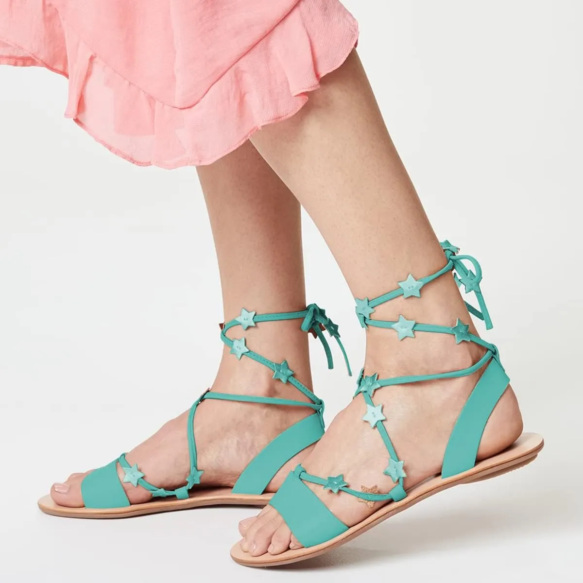FSJ Women Lace-up Flat Sandals Tie up Open Toe Cute Star Strappy Ankle Wrap Slingback CrissCross Casual Dress Summer Shoes Size 4-15 US