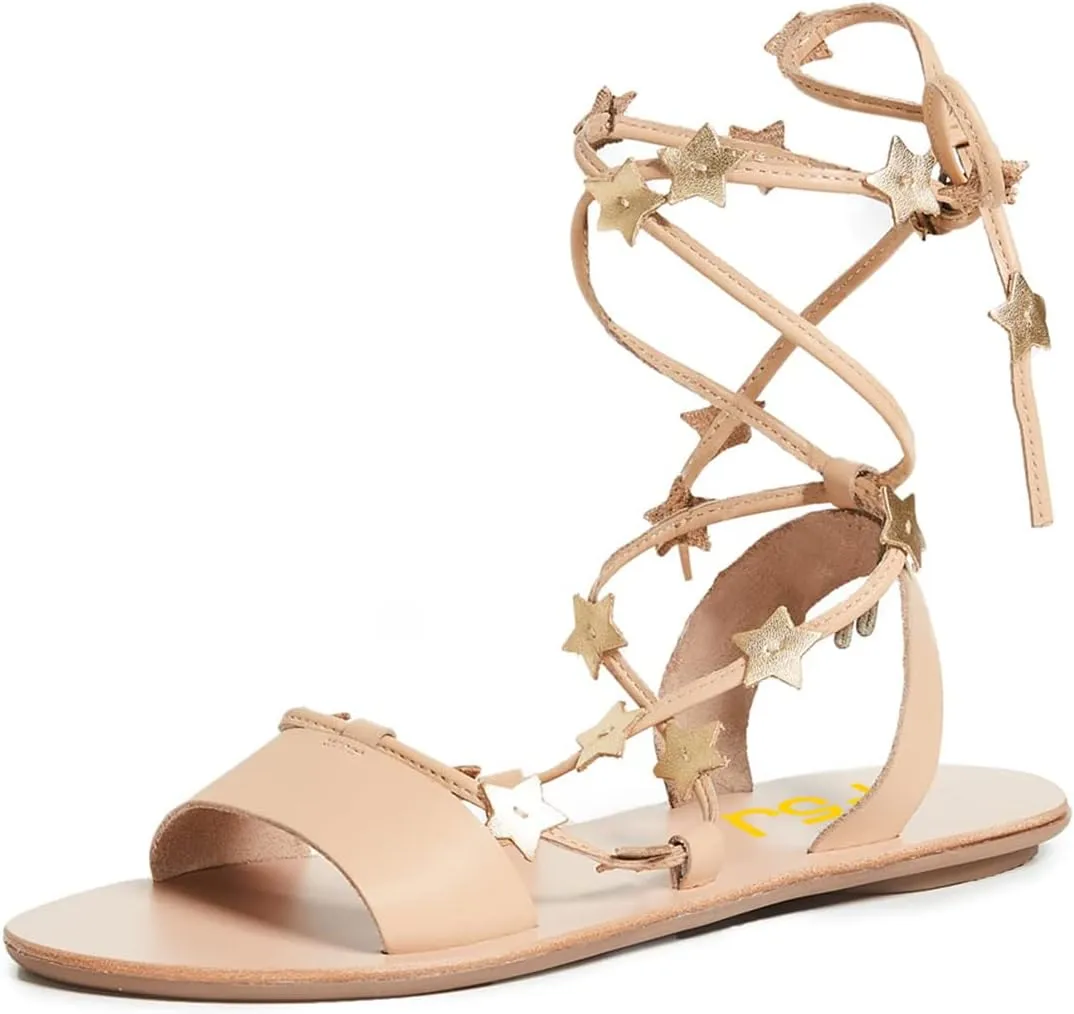 FSJ Women Lace-up Flat Sandals Tie up Open Toe Cute Star Strappy Ankle Wrap Slingback CrissCross Casual Dress Summer Shoes Size 4-15 US