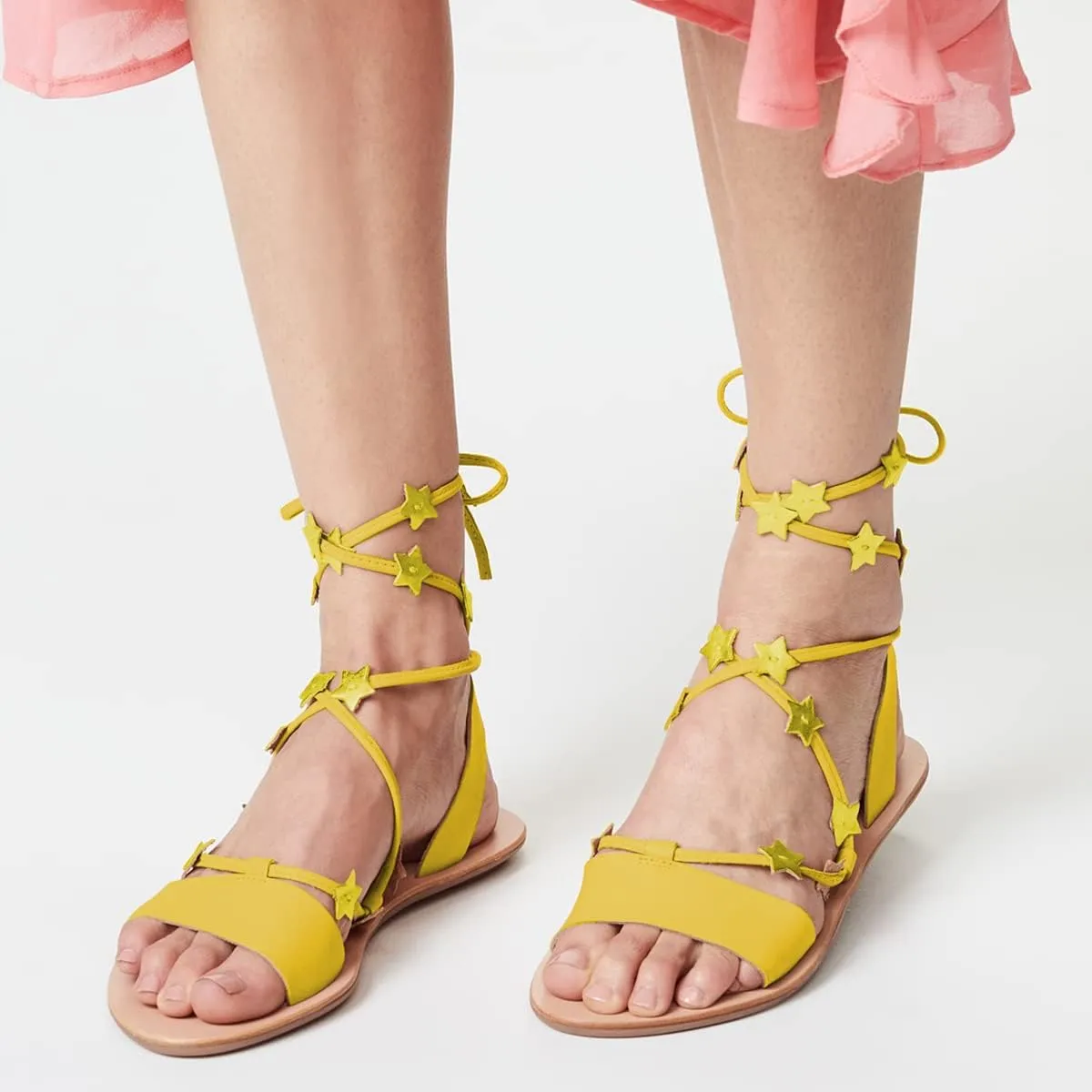 FSJ Women Lace-up Flat Sandals Tie up Open Toe Cute Star Strappy Ankle Wrap Slingback CrissCross Casual Dress Summer Shoes Size 4-15 US
