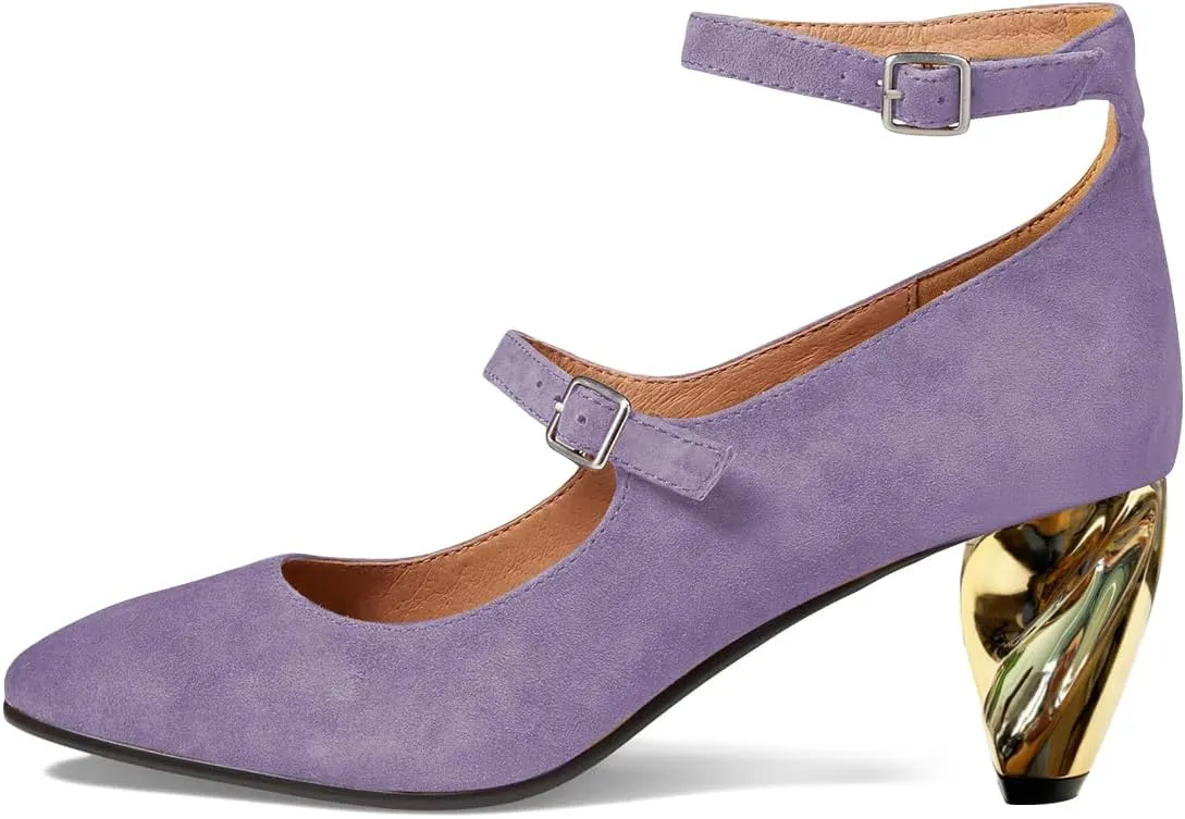 FSJ Women Versatile Closed Toe Suede Dress Pumps with Buckled Ankle Strap Unique Block Mid Heel Elegant Shoes Size 4-15 US