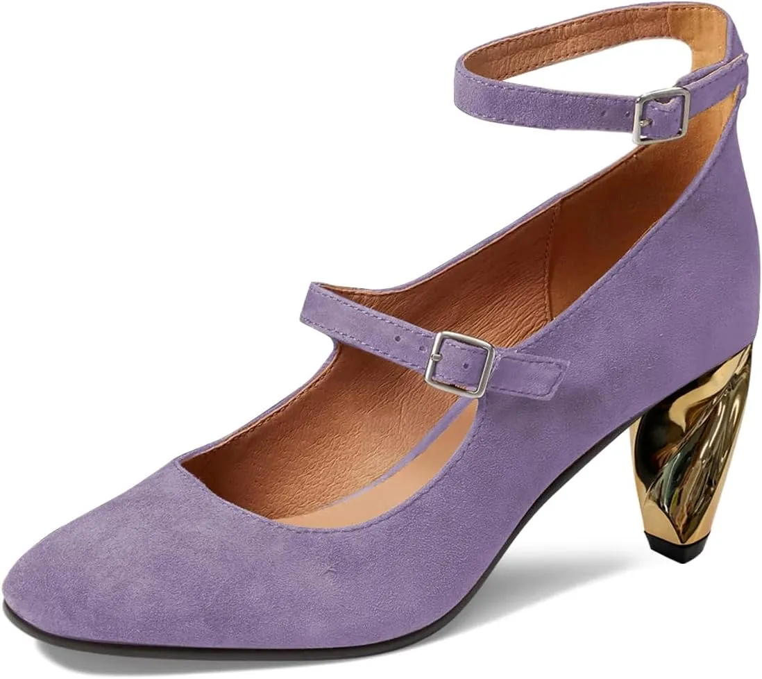 FSJ Women Versatile Closed Toe Suede Dress Pumps with Buckled Ankle Strap Unique Block Mid Heel Elegant Shoes Size 4-15 US