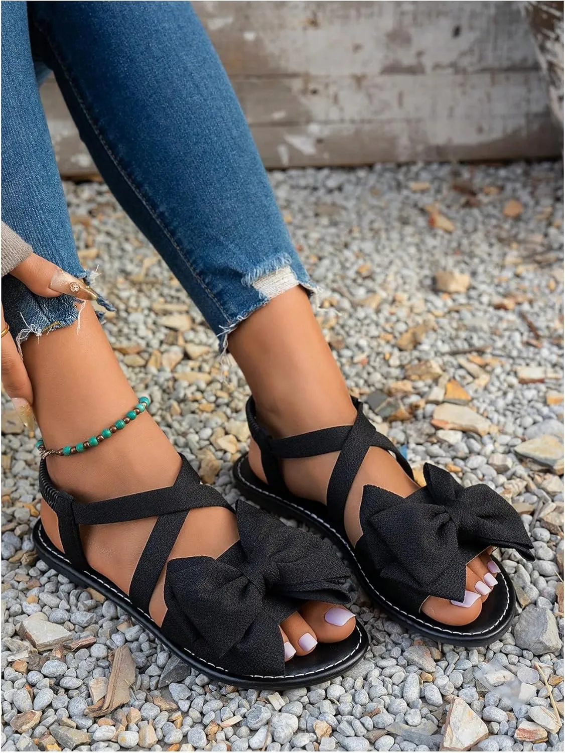 GORGLITTER Women's Ankle Strap Bow Sandals Criss Cross Open Toe Bowknot Dressy Beach Flat Sandals 2025