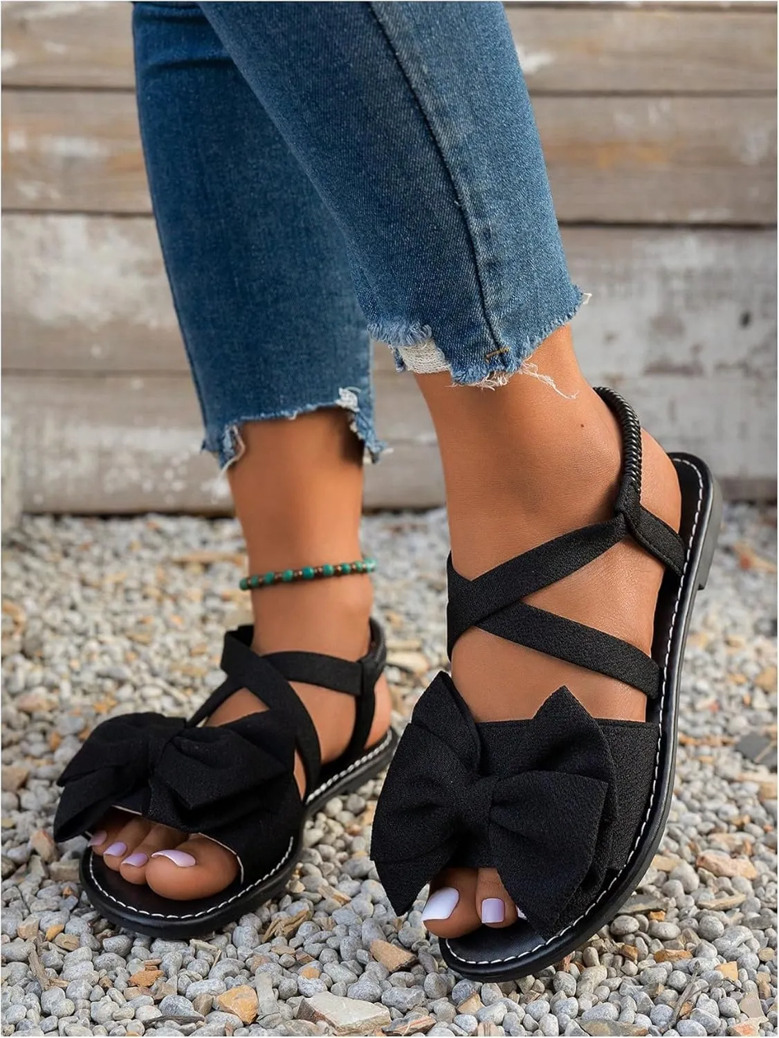 GORGLITTER Women's Ankle Strap Bow Sandals Criss Cross Open Toe Bowknot Dressy Beach Flat Sandals 2025