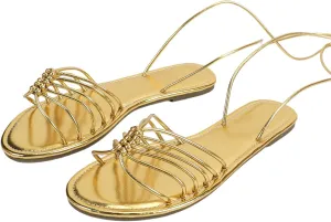 GORGLITTER Women's Braided Lace Up Flat Sandals Tie Up Strappy Sandals Open Toe Dressy Slide Sandals