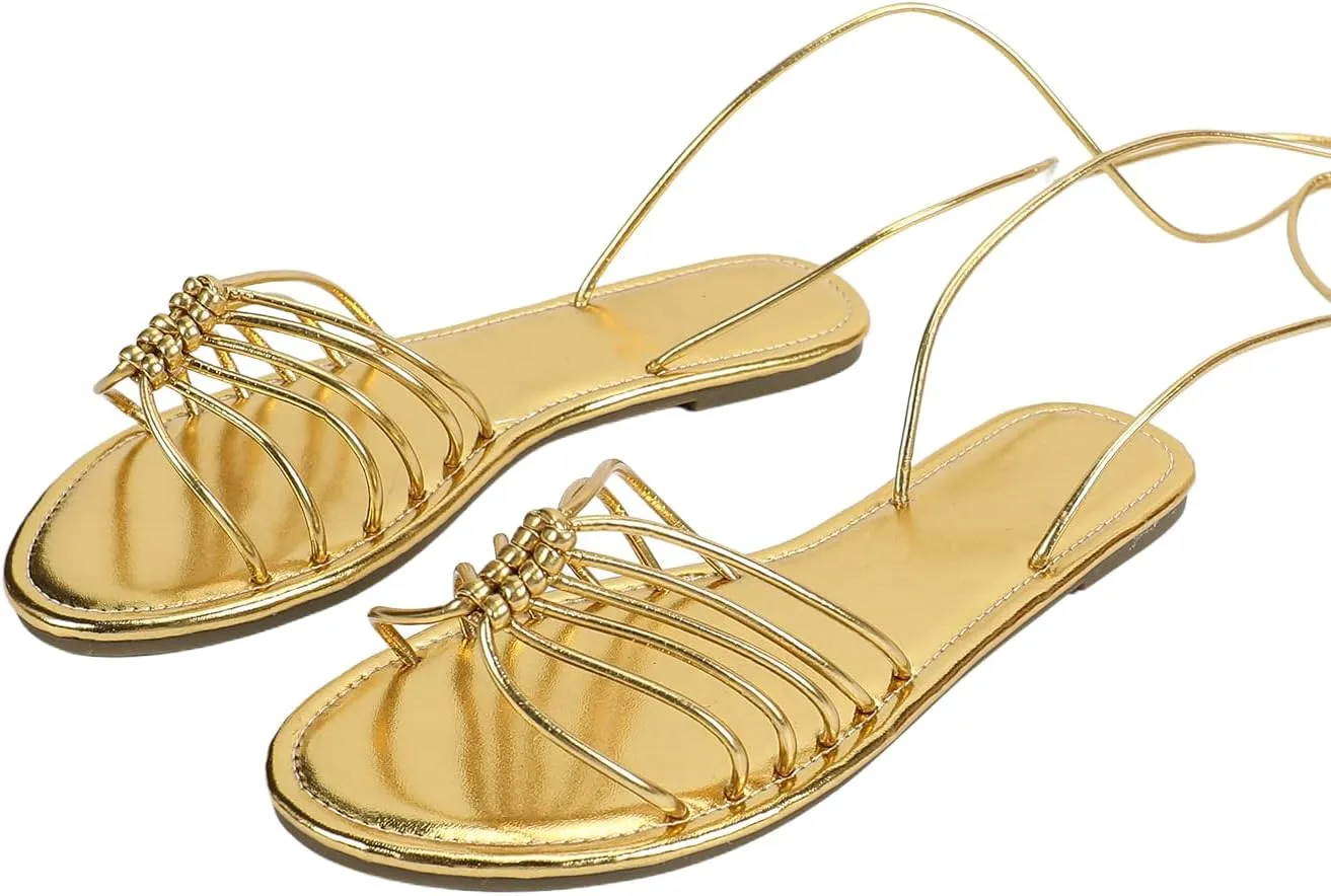 GORGLITTER Women's Braided Lace Up Flat Sandals Tie Up Strappy Sandals Open Toe Dressy Slide Sandals
