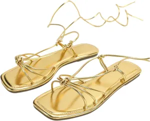 GORGLITTER Women's Lace Up Flat Sandals Dressy Strappy Gladiator Sandals Open Toe Summer Beach Slides
