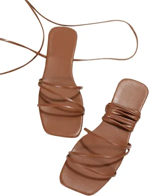 GORGLITTER Women's Lace Up Flat Sandals Dressy Strappy Gladiator Sandals Open Toe Summer Beach Slides