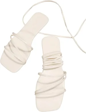 GORGLITTER Women's Lace Up Flat Sandals Dressy Strappy Gladiator Sandals Open Toe Summer Beach Slides