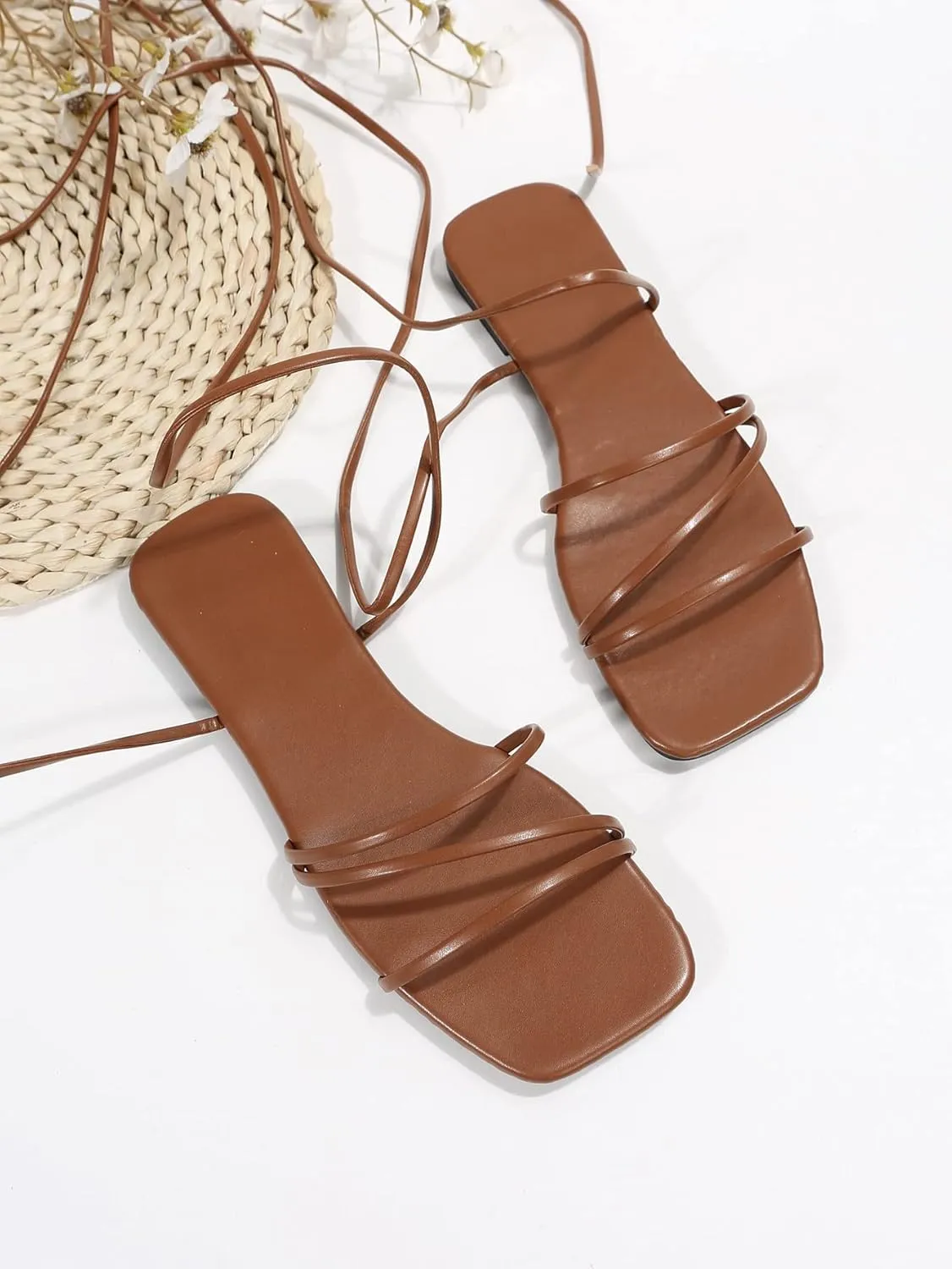 GORGLITTER Women's Lace Up Flat Sandals Dressy Strappy Gladiator Sandals Open Toe Summer Beach Slides
