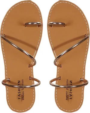 GORGLITTER Women's Metallic Open Toe Strappy Flat Sandals Slip on Toe Ring Slide Sandals