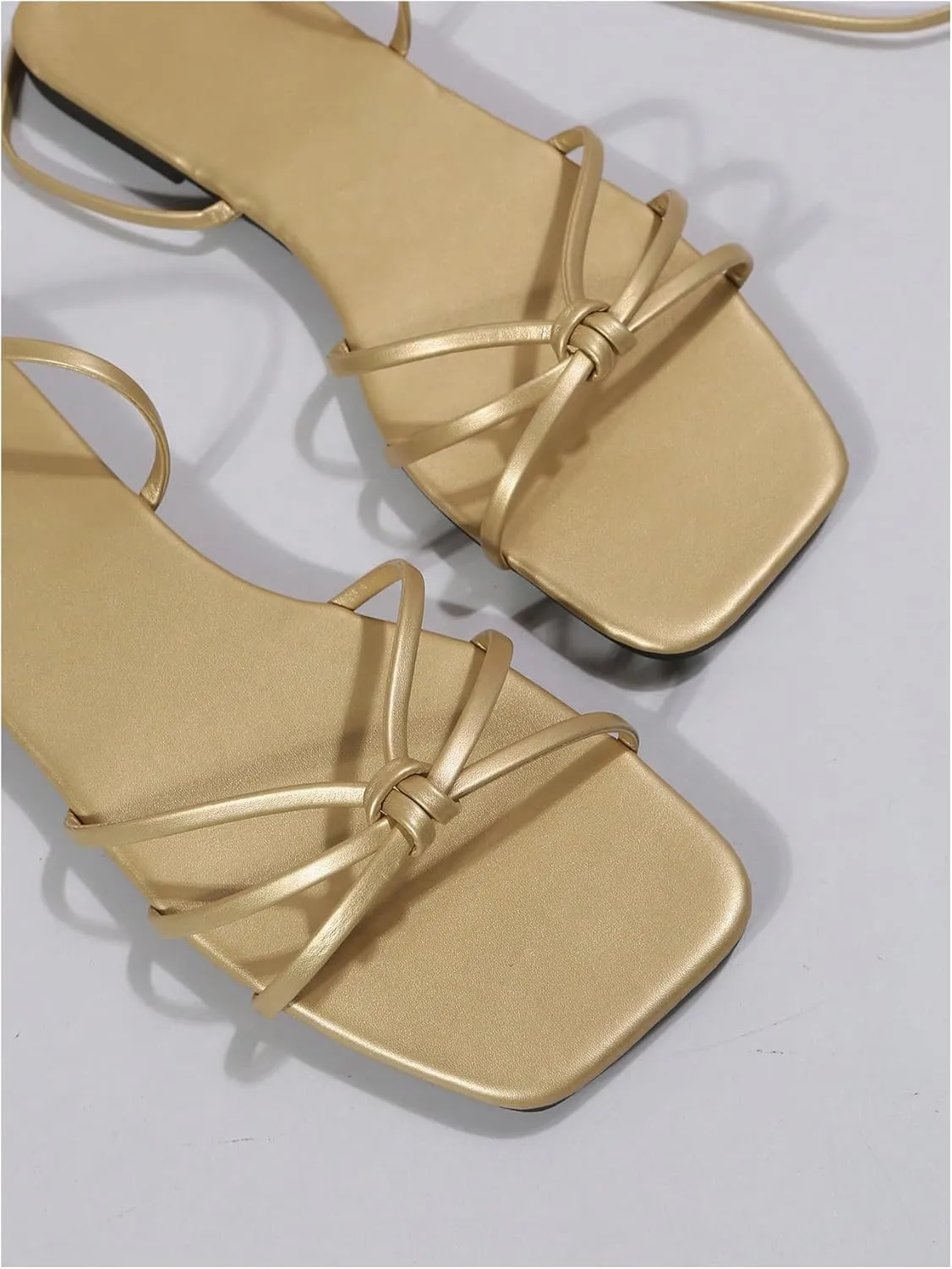 GORGLITTER Women's Metallic Strappy Lace Up Sandals Open Toe Tie Up Flat Sandals