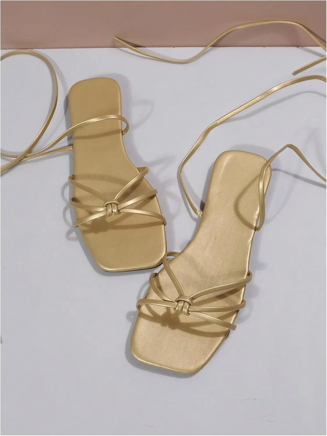 GORGLITTER Women's Metallic Strappy Lace Up Sandals Open Toe Tie Up Flat Sandals