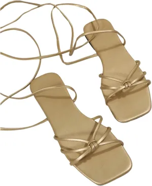 GORGLITTER Women's Metallic Strappy Lace Up Sandals Open Toe Tie Up Flat Sandals
