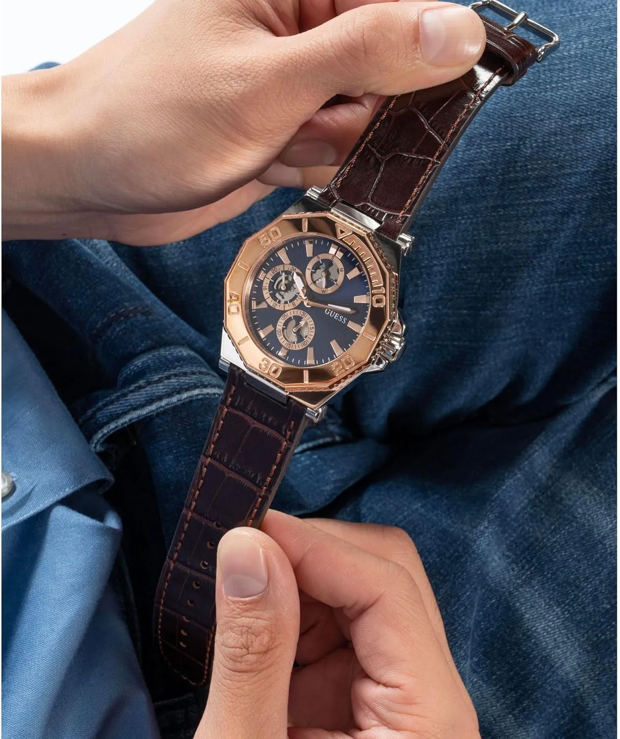 GUESS Two-Tone and Brown Crocodile-Embossed Leather Multifunction Watch