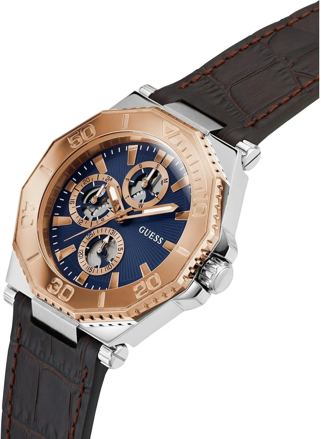 GUESS Two-Tone and Brown Crocodile-Embossed Leather Multifunction Watch