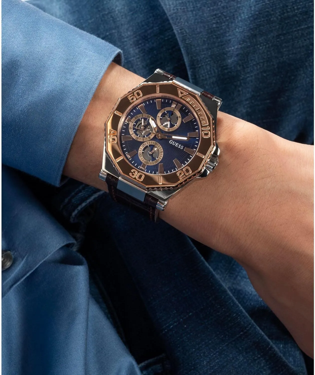 GUESS Two-Tone and Brown Crocodile-Embossed Leather Multifunction Watch