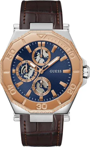 GUESS Two-Tone and Brown Crocodile-Embossed Leather Multifunction Watch