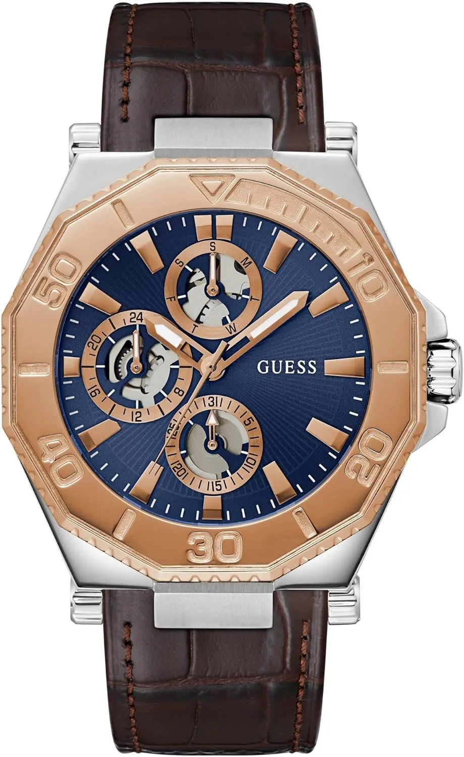GUESS Two-Tone and Brown Crocodile-Embossed Leather Multifunction Watch