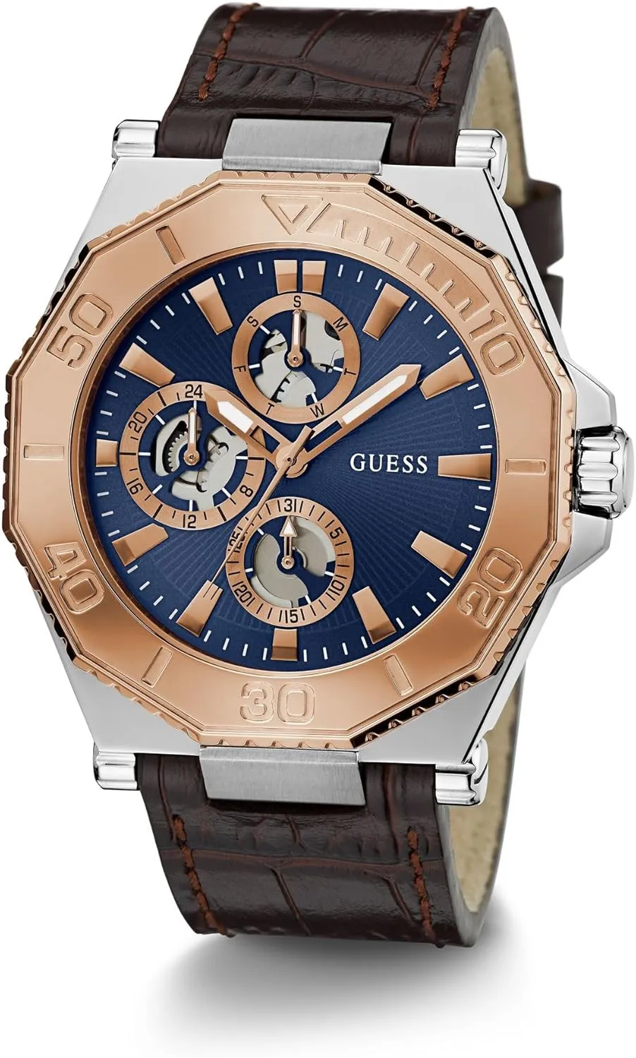 GUESS Two-Tone and Brown Crocodile-Embossed Leather Multifunction Watch