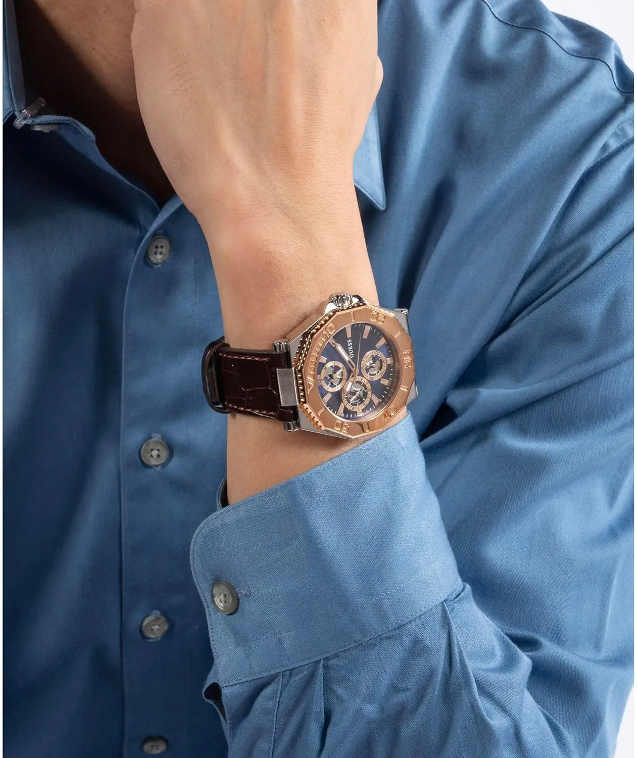 GUESS Two-Tone and Brown Crocodile-Embossed Leather Multifunction Watch