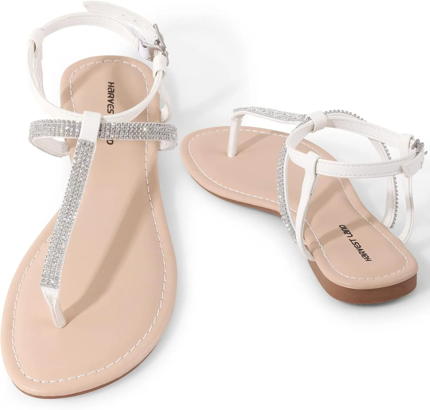 Harvest Land Women's Sandals Dressy T Strap with Rhinestone Sparkly Wedding Flat Sandals Ankle Strap Summer Gladiator Fashion Shoes