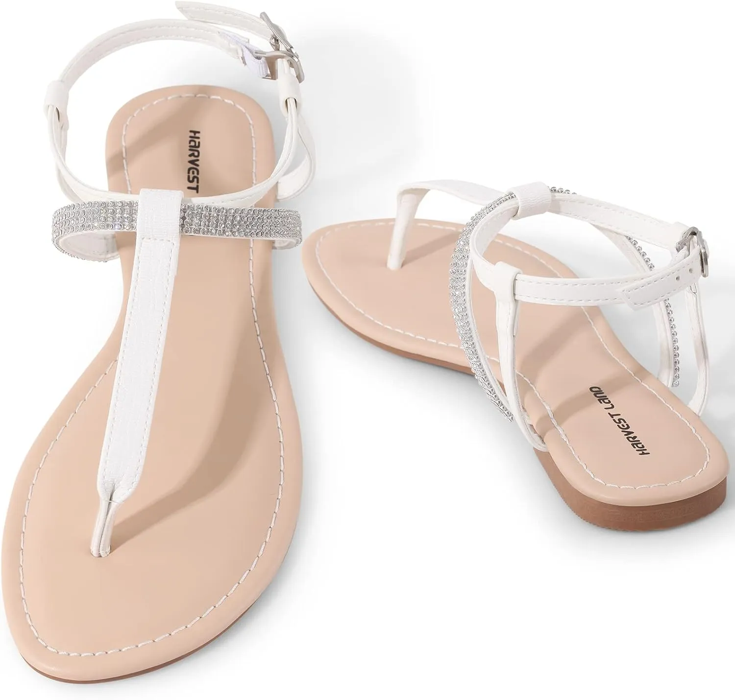 Harvest Land Women's Sandals Dressy T Strap with Rhinestone Sparkly Wedding Flat Sandals Ankle Strap Summer Gladiator Fashion Shoes