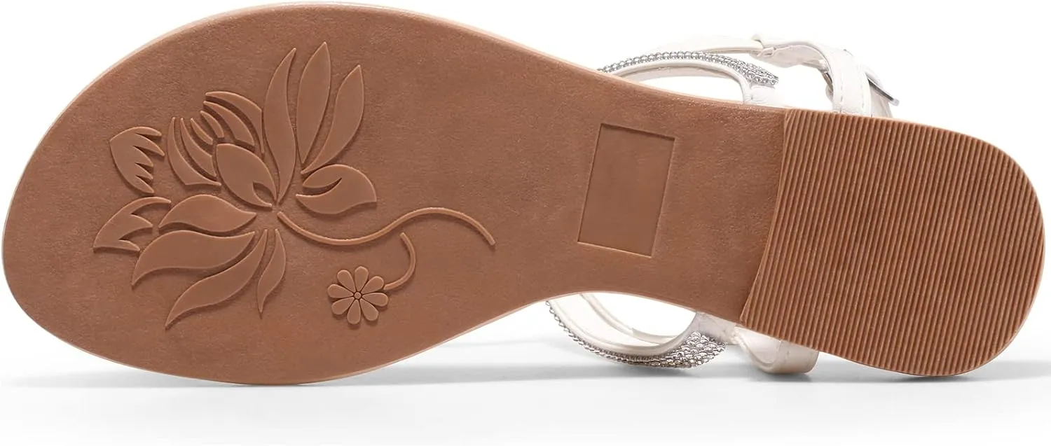 Harvest Land Women's Sandals Dressy T Strap with Rhinestone Sparkly Wedding Flat Sandals Ankle Strap Summer Gladiator Fashion Shoes