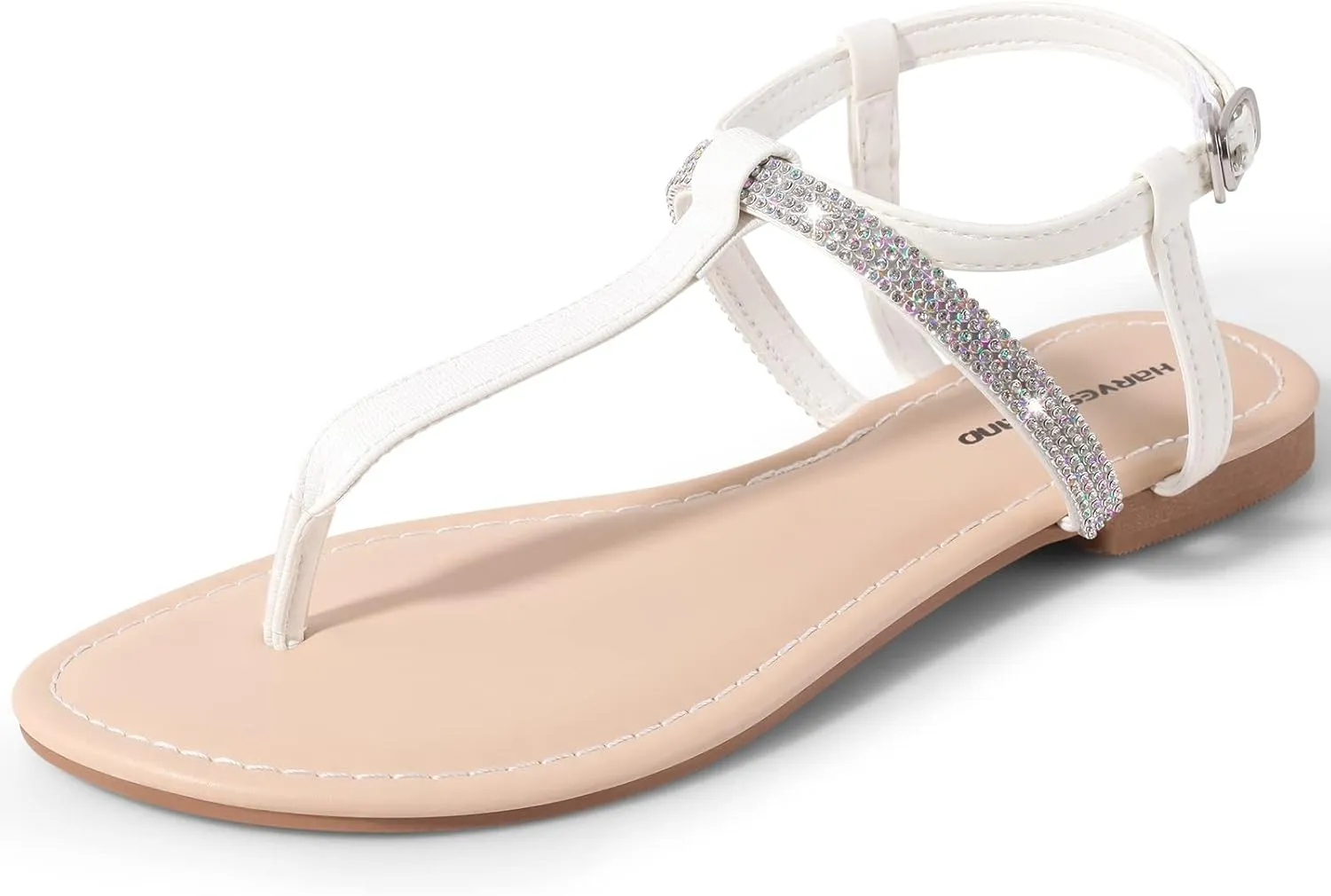 Harvest Land Women's Sandals Dressy T Strap with Rhinestone Sparkly Wedding Flat Sandals Ankle Strap Summer Gladiator Fashion Shoes