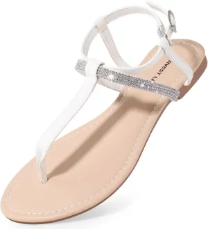 Harvest Land Women's Sandals Dressy T Strap with Rhinestone Sparkly Wedding Flat Sandals Ankle Strap Summer Gladiator Fashion Shoes