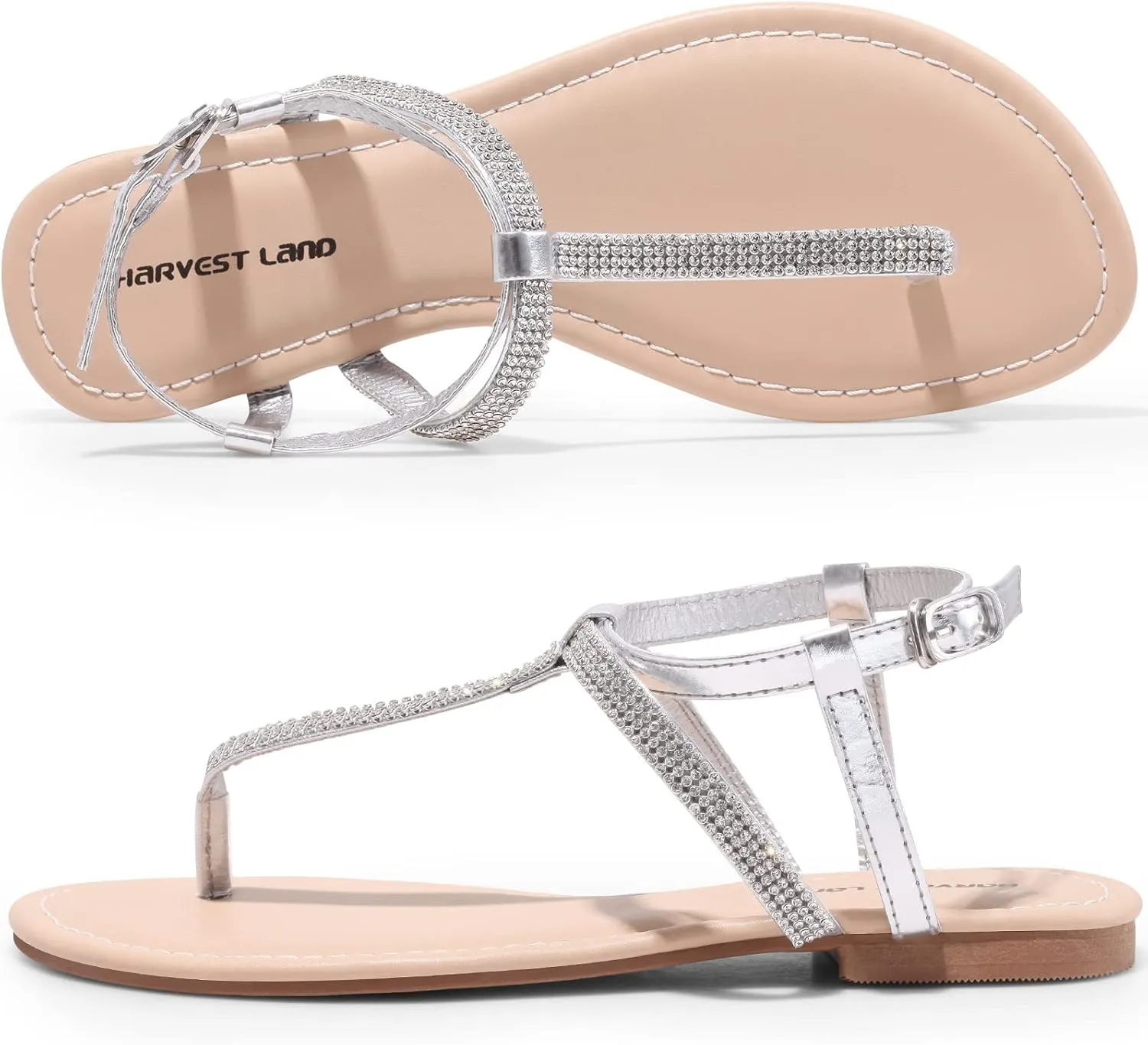 Harvest Land Women's Sandals Dressy T Strap with Rhinestone Sparkly Wedding Flat Sandals Ankle Strap Summer Gladiator Fashion Shoes