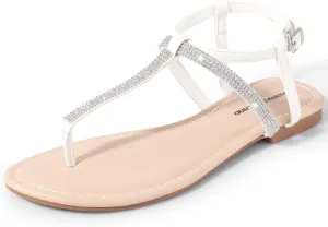 Harvest Land Women's Sandals Dressy T Strap with Rhinestone Sparkly Wedding Flat Sandals Ankle Strap Summer Gladiator Fashion Shoes