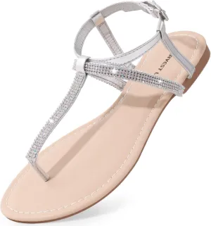 Harvest Land Women's Sandals Dressy T Strap with Rhinestone Sparkly Wedding Flat Sandals Ankle Strap Summer Gladiator Fashion Shoes