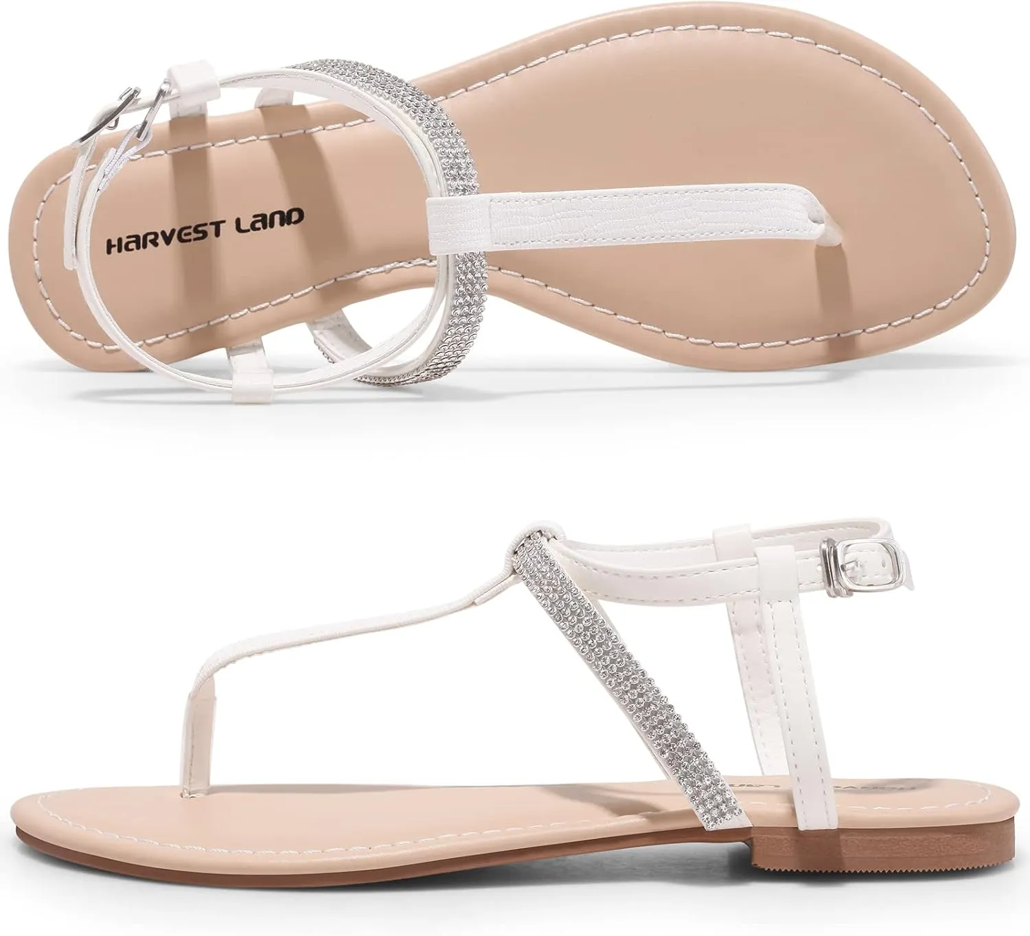 Harvest Land Women's Sandals Dressy T Strap with Rhinestone Sparkly Wedding Flat Sandals Ankle Strap Summer Gladiator Fashion Shoes