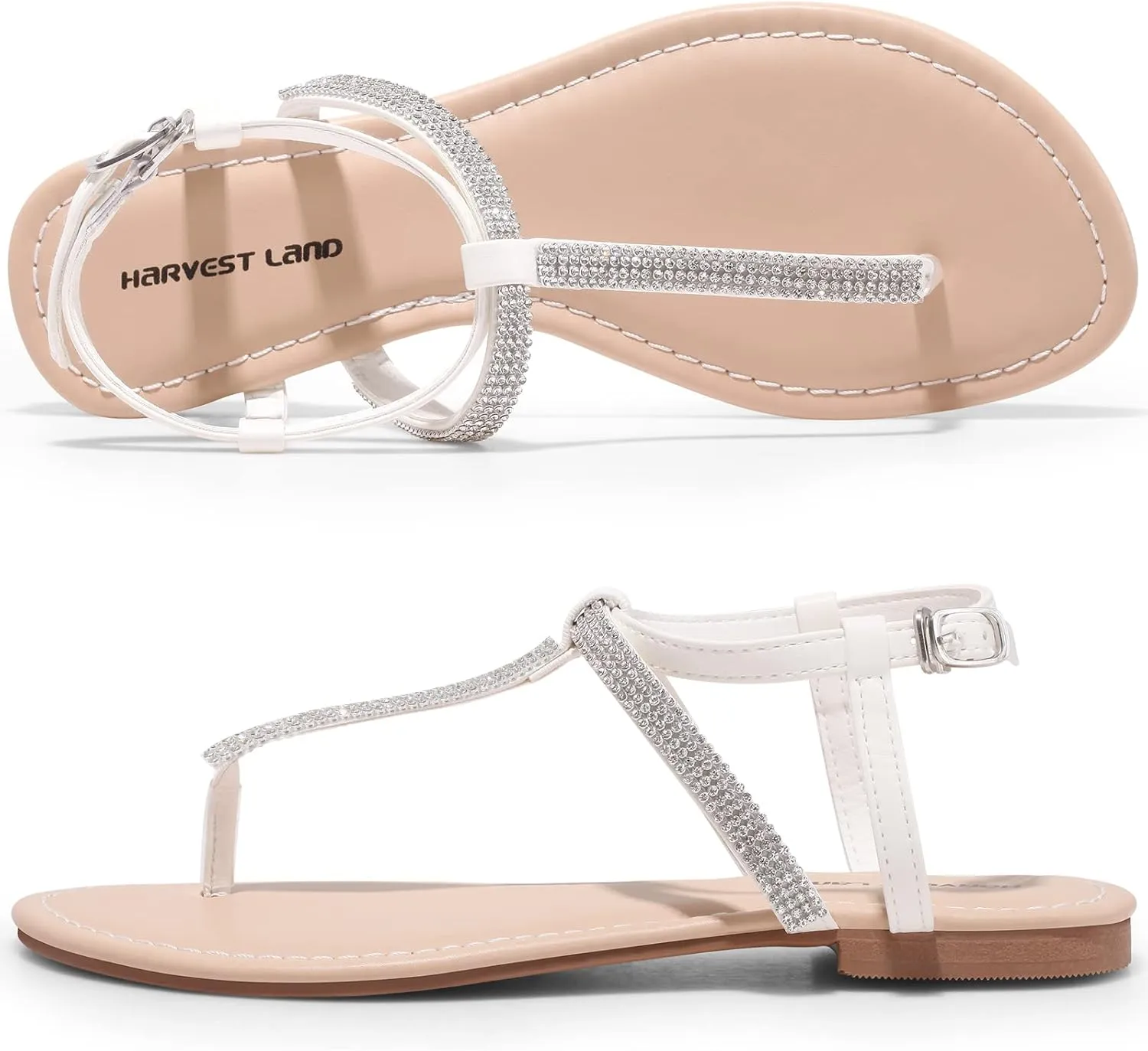 Harvest Land Women's Sandals Dressy T Strap with Rhinestone Sparkly Wedding Flat Sandals Ankle Strap Summer Gladiator Fashion Shoes
