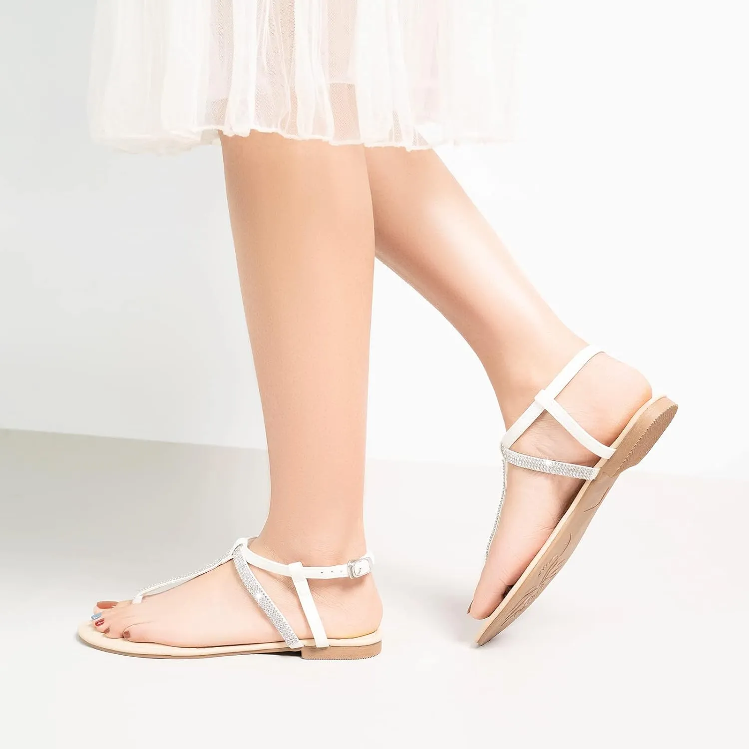 Harvest Land Women's Sandals Dressy T Strap with Rhinestone Sparkly Wedding Flat Sandals Ankle Strap Summer Gladiator Fashion Shoes