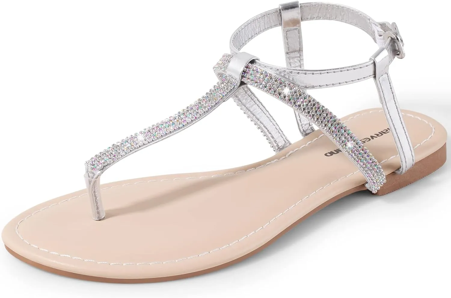 Harvest Land Women's Sandals Dressy T Strap with Rhinestone Sparkly Wedding Flat Sandals Ankle Strap Summer Gladiator Fashion Shoes