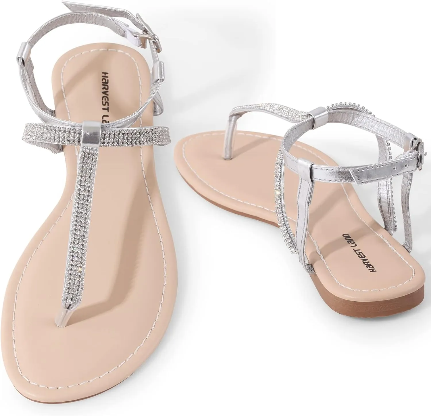 Harvest Land Women's Sandals Dressy T Strap with Rhinestone Sparkly Wedding Flat Sandals Ankle Strap Summer Gladiator Fashion Shoes