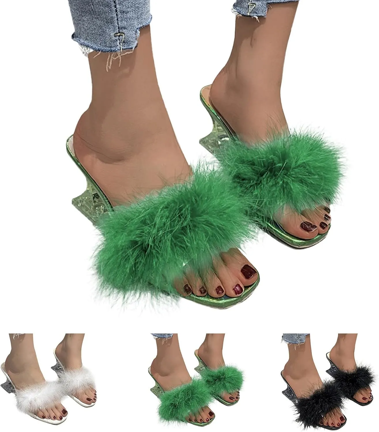 High Heels for Women Square Toe Low Stilettos Heels Mules Sandals Feather Slip on Clear Low Heels Party Dress Shoes