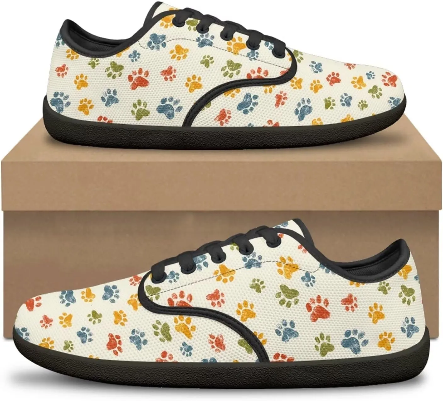 Howilath Dog Paw Print Casual Shoes for Women Lace up Barefoot Shoes Anti-Skid Running Shoes Flat Sneaker