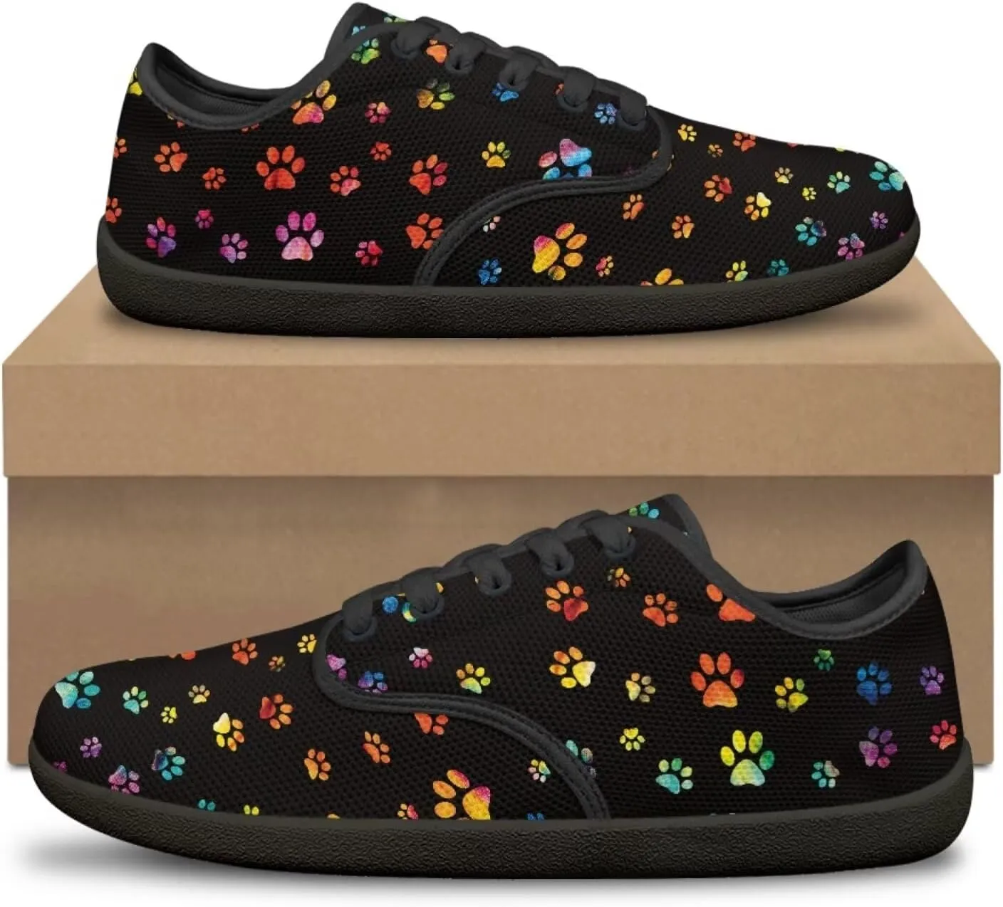 Howilath Dog Paw Print Casual Shoes for Women Lace up Barefoot Shoes Anti-Skid Running Shoes Flat Sneaker