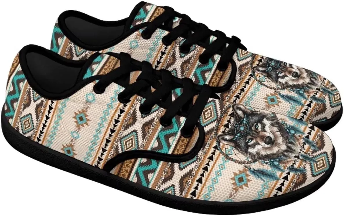 Howilath Western Aztec Lace up Barefoot Shoes Running Sneakers Flat Shoes Casual Sport Shoes with EVA Sole